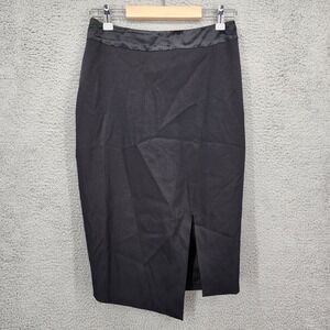 SUISTUDIO Black Satin Waist Wool Pencil Skirt‎ with Front Slit Size 36 (US 6)